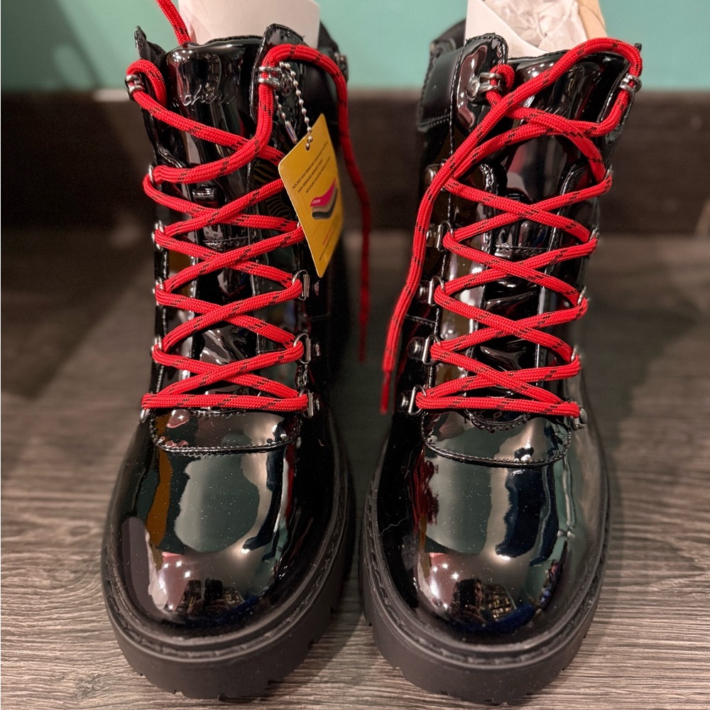 Skechers Black Patent Combat Boots with Red Laces